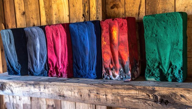 Vibrant natural dyes in solid blocks of indigo, madder root, and woad displayed on a wooden shelf