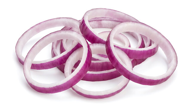 Fresh red onion slices arranged in a heap on a clean white background