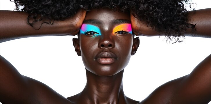 Front view of black woman with multi colored neon makeup on eyes posing against white background Concept of avant-garde makeup