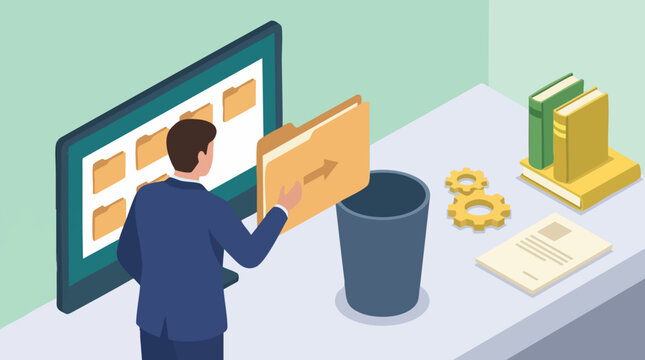Man organizing digital data, moving folder to trash bin in isometric view