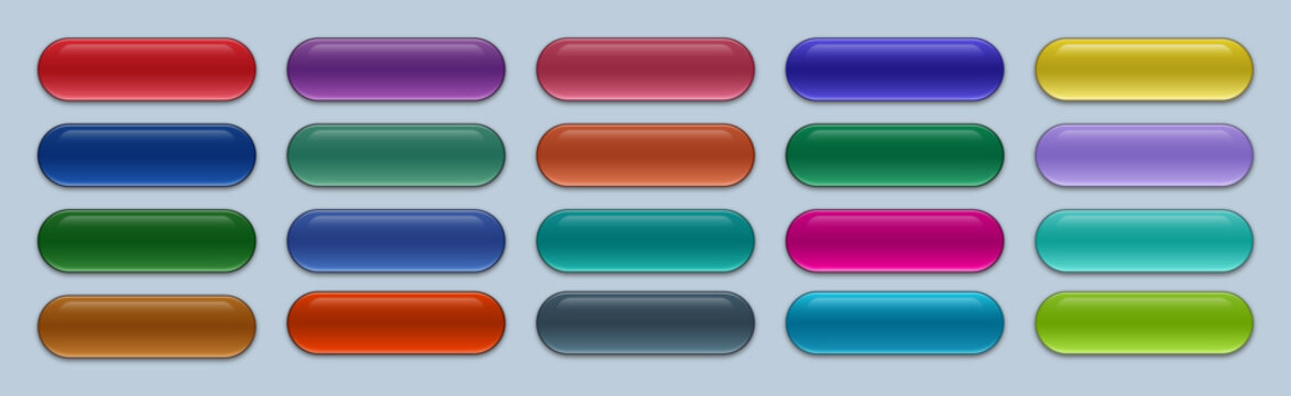Set of Glossy Multicolored Rounded Rectangular Web Buttons with Glassy Finish and Realistic Shadows, Editable AI file