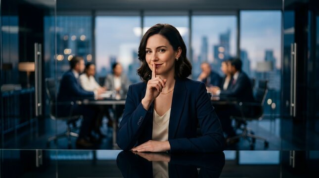 Successful Businesswoman Making Shush Gesture for Confidentiality in High End Corporate Boardroom at Night with City Skyline Background