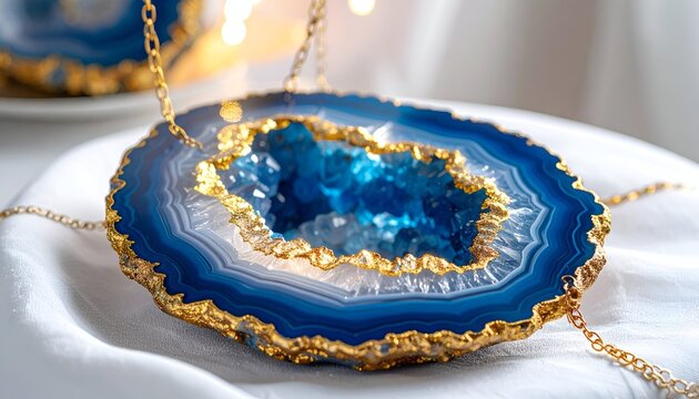 Blue geode slice with gold edge on silky white fabric, bokeh lights behind