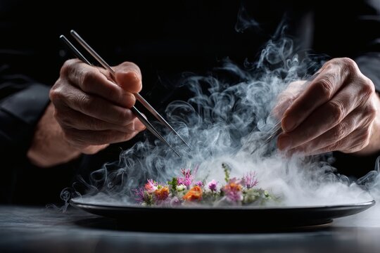 Professional Michelin Star Chef Plating Molecular Gastronomy Dish with Liquid Nitrogen Smoke and Precision Tweezers.