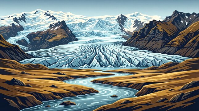 Glacier flows through rugged mountains and golden valleys. River winds through rocky terrain with icy blue waters. Snow-capped peaks loom above the glacial expanse. Scene evokes nature's raw
