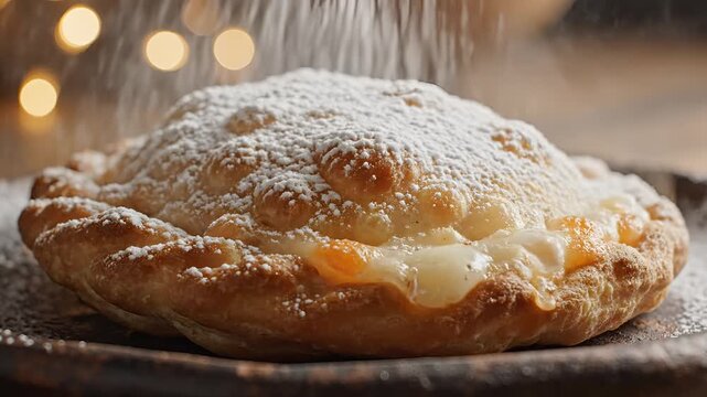 Delicious pastry dusted with powdered sugar in soft lighting.
