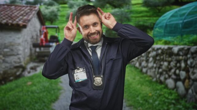 Man detective smiling, badge and id visible, holds two fingers by head in playful gesture on a street; playful mischief.