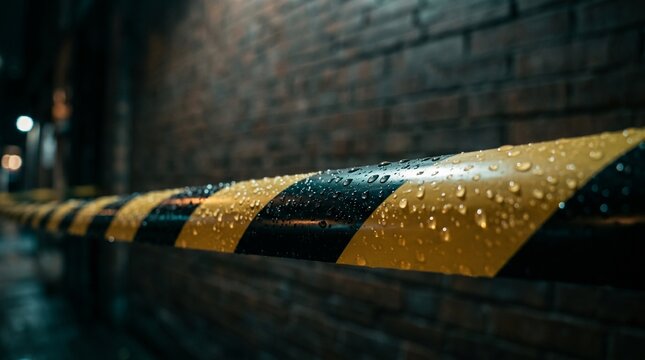 Wet Black And Yellow Caution Tape With Rain Drops At Night