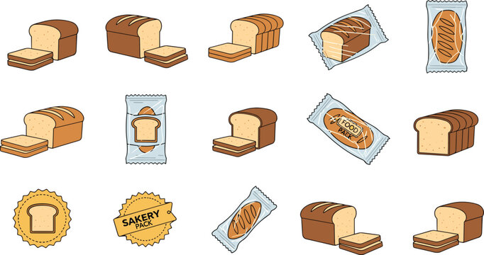 Bread Loaf and Bakery Product Vector Icon Set on White Background