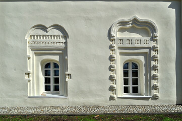 Ancient windows in the buildings of Treasury, abbot and cellarer cells XVII-XIX centuries of St.Anthony monastery in Veliky Novgorod, Russia © syntheticmessiah