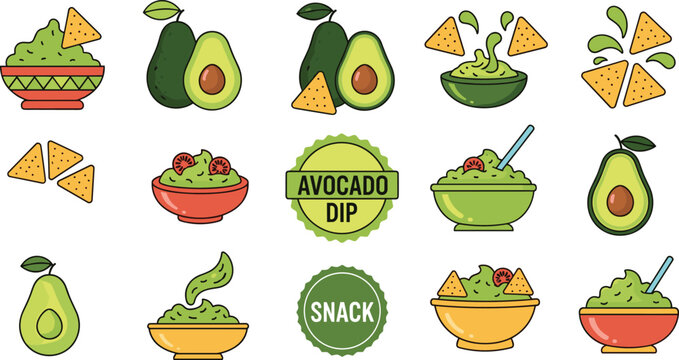 Avocado Dip and Guacamole Snack Vector Icon Set on White Background