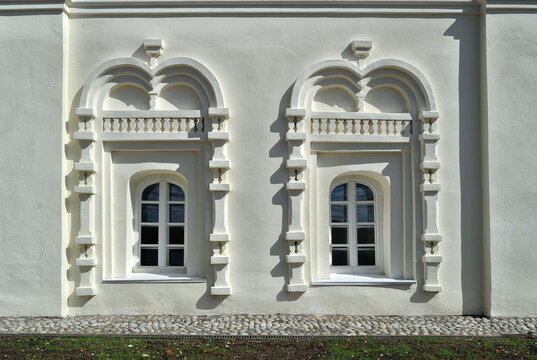 Ancient windows in the buildings of Treasury of St.Anthony monastery in Veliky Novgorod, Russia
