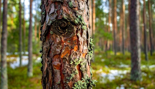 Close-up of pine tree bark texture, moss, in forest; blurred trees backdrop