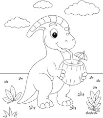 Cute dinosaur drinking coconut water, coloring page © MdSanoarulIslam