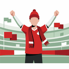 Excited sports fan in red cheering with arms raised at stadium event © Mountain Top Studio