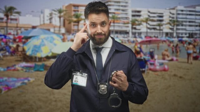 Hispanic man police detective holding handcuffs and pointing finger toward camera on crowded beach with badge visible; determination duty.
