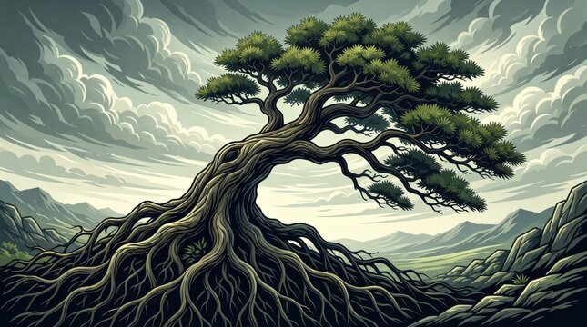 Ancient tree stands defiantly atop rugged terrain. Twisting roots grip stone, anchoring strength in earth. Fir branches spread wide against brooding sky