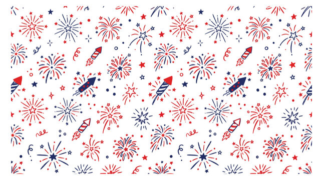 A playful doodle pattern featuring red and blue fireworks and rockets on a white background on transparent background