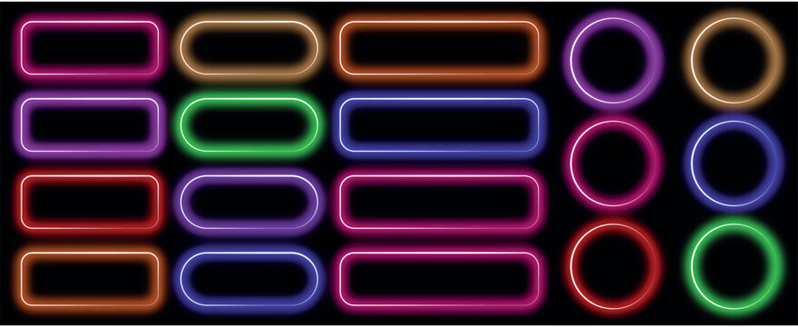Glowing neon frame set with rounded rectangles and circles in various colors on black background, vibrant light borders for text, multi colored luminous geometric shapes.