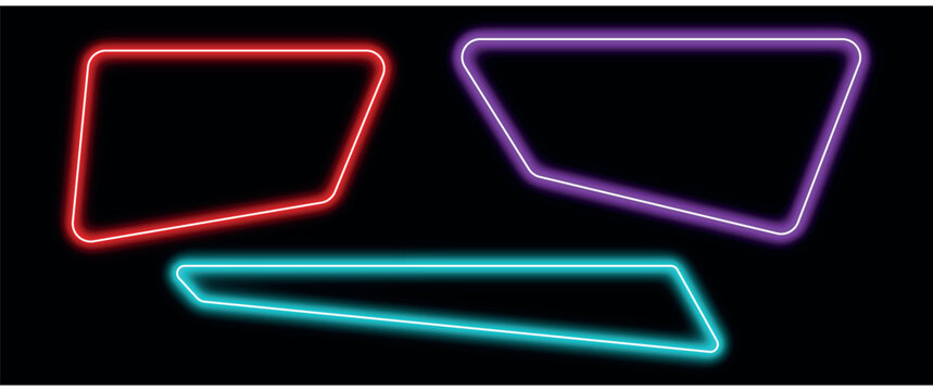 Abstract neon trapezoid frame set in red purple and cyan colors on black background, glowing geometric borders for text, vibrant futuristic light boxes for digital design.