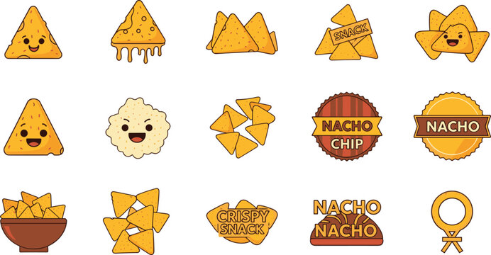 Cute Nacho Chip and Crispy Snack Vector Icon Set on White Background