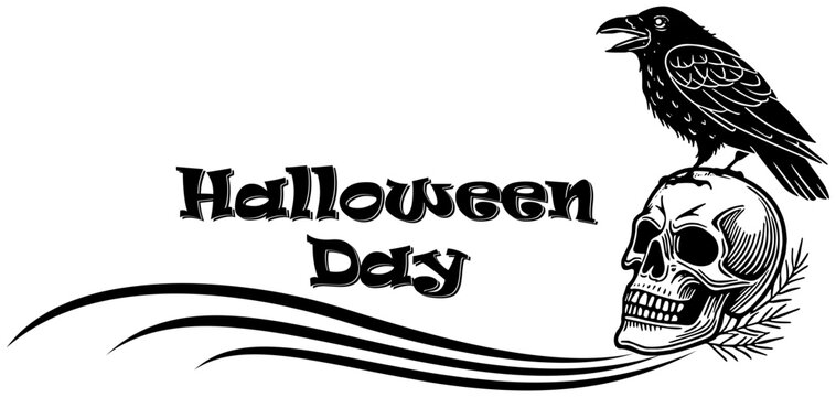 Vector silhouette illustration of a crow perched on a human skull with the words "Halloween Day" written on a transparent background