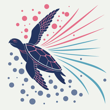 Sea turtle swimming with pink and blue speed lines