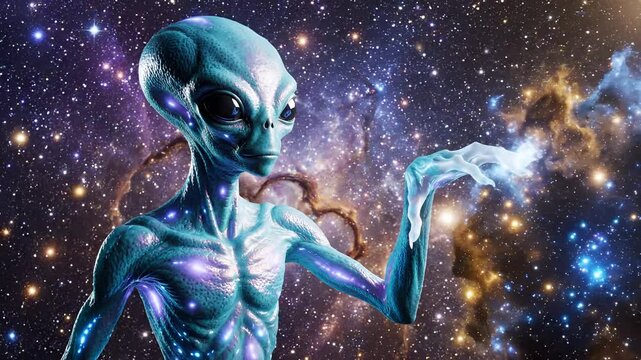 Mysterious Alien Being in Cosmic Nebula Extraterrestrial Life Concept.
