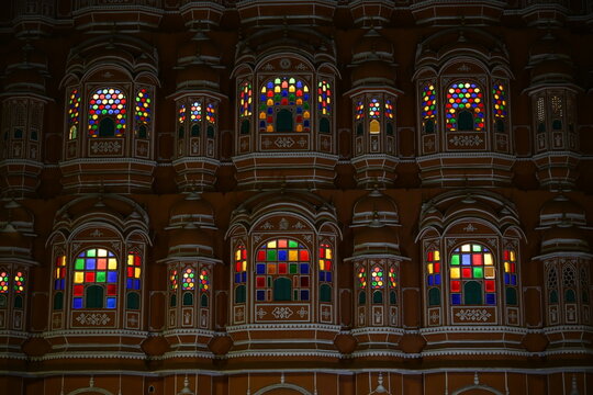 Night close up phot of Hawa Mehal Windows Rajasthan 