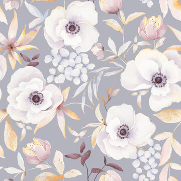 
Colorful watercolor seamless pattern with white anemones, abstract delicate plants and inflorescences hydrangea. Beautiful fashion print for home textile, repeat background or fabric.