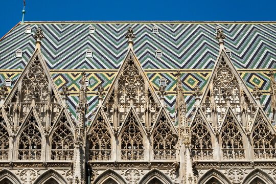 Gothic roof pattern and stone tracery detail on St. Stephen&rsquo;s Cathedral