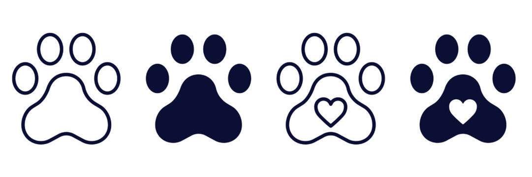 Pet paw icon set. Heart with dog, cat pet footprint. Paw print sign and symbol. Transparent png and vector illustration.