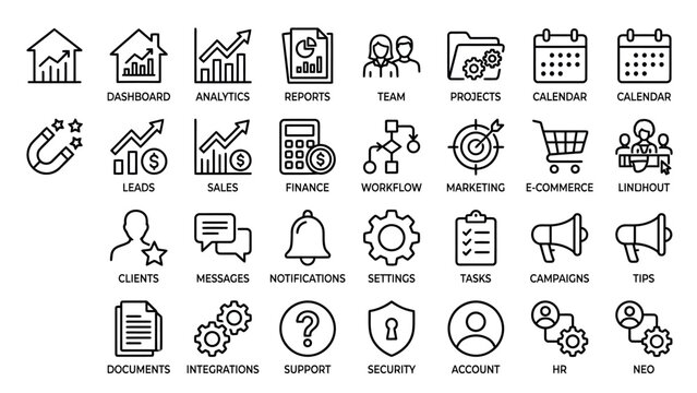 Collection of business and marketing line art icons for dashboard, analytics, reports, and various management functions.