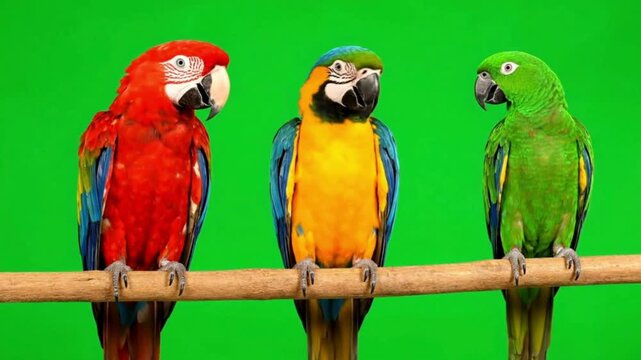 Three vibrant macaws a red a blue and yellow and a green parrot perched on a branch against a green screen background ideal for chroma key compositing and wildlife themes