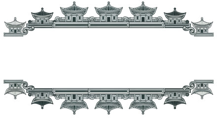 Ornate Asian architectural border design with traditional pagodas and decorative elements. © slamet
