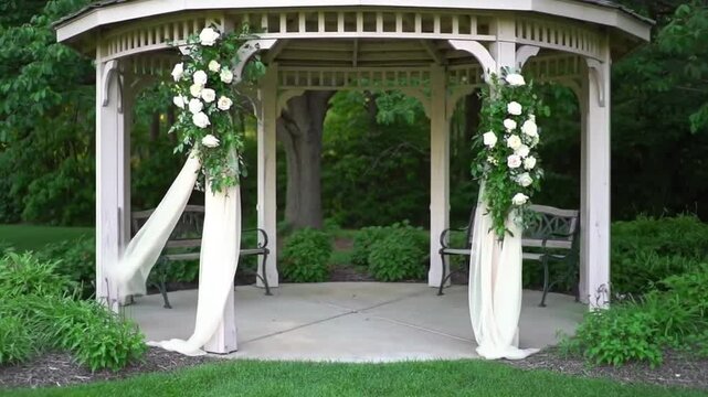 Romantic white gazebo with floral decorations.