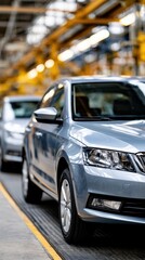 Naklejka premium New cars on automotive factory assembly line in modern manufacturing facility.
