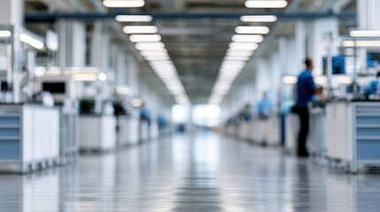 Fototapeta premium Blurred industrial factory corridor with modern production facility background.
