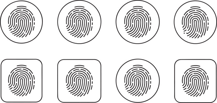 Set of fingerprint icons, biometric security, identity verification, digital authentication, thumbprint symbols in circular and rounded square frames