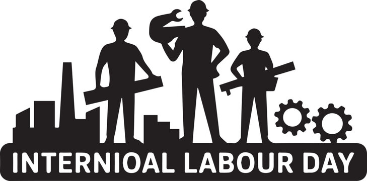 International labour day illustration with construction workers and cityscape silhouette