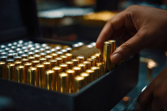 Close-up of a hand selecting a golden shotgun shell from a box filled with multiple rows of ammunition in a well-organized storage case