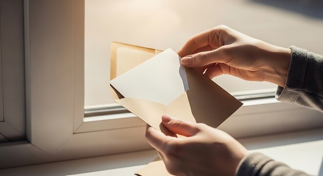 Hands holding an open envelope with a blank white paper card inside near a window