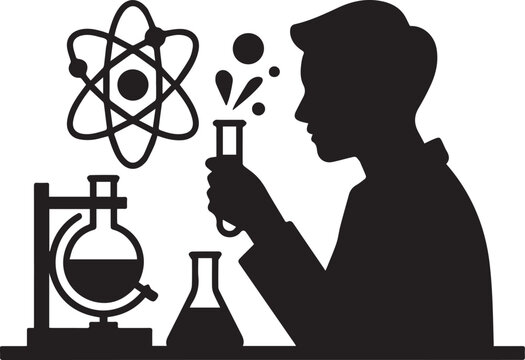 Silhouette of a man in a lab working with a test tube and beaker with an atom above