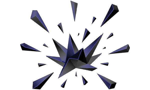 Abstract 3D Geometric Explosion With Blue Black Shards and Crystal-Like Fragments on White Background.