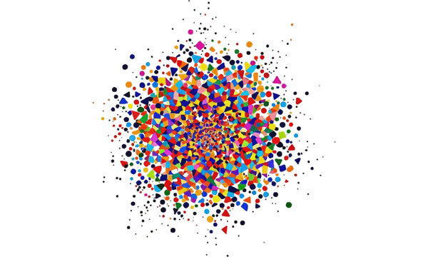 Colorful Abstract Geometric Burst With Confetti Dots And Mosaic Pattern On White Background.