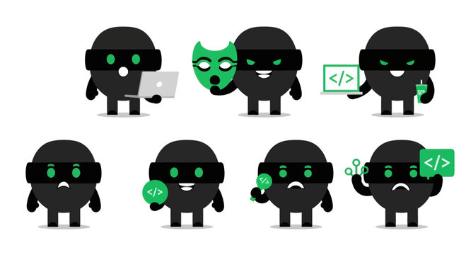 Cybersecurity hacker characters set with laptops, masks, and code snippets