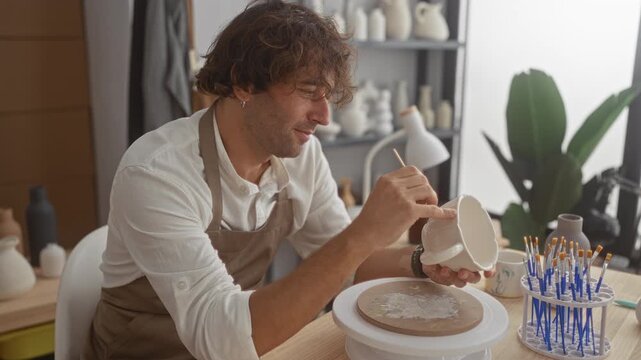 Man painting ceramic cup, hand holding brush while detailing glaze in a studio workspace with shelves and brushes; craft concentration.
