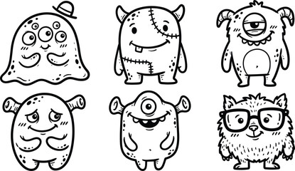 Vector Set of Cute Monsters Featuring Cartoon Creatures with One Eye, Glasses, Horns, and Playful Expressions for Kids, Halloween, and Fun Illustration Designs © Sahina