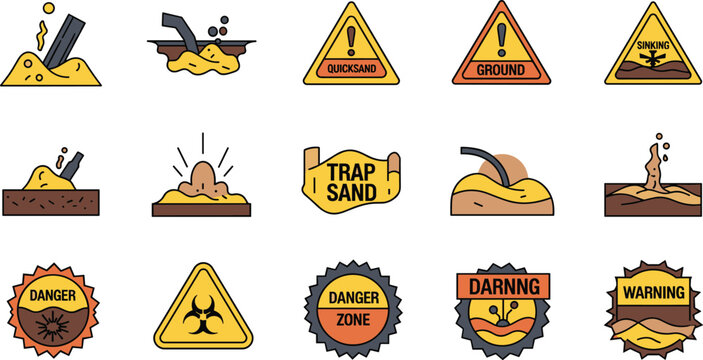 Quicksand Danger and Hazard Warning Vector Icon Set on White Background