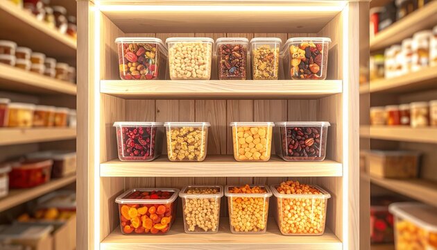 Neatly organized pantry shelves filled with transparent containers of various dried food supplies